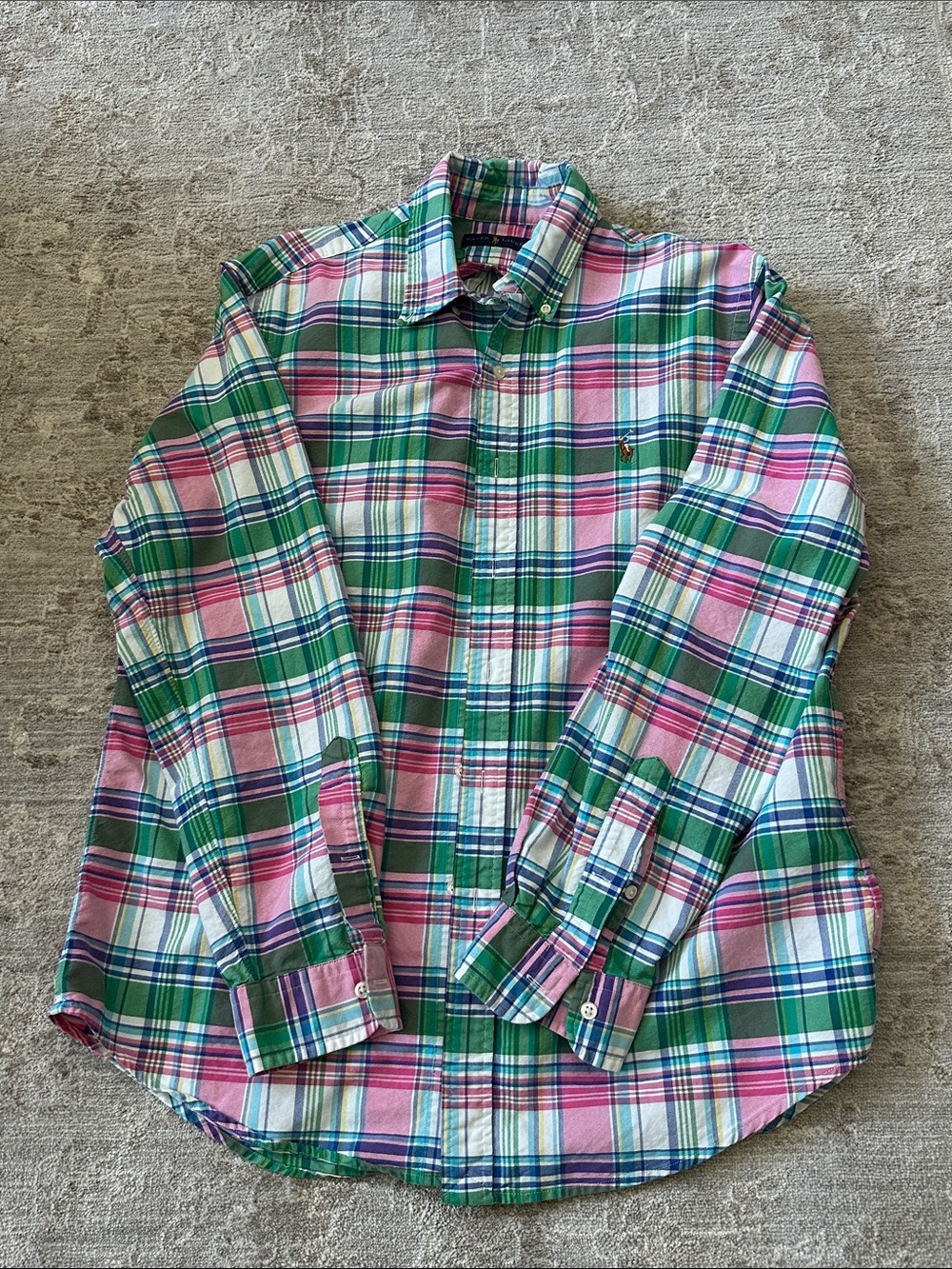 Ralph Lauren Men’s Large Pink, Blue, Green & White Plaid Button-Down Shirt.